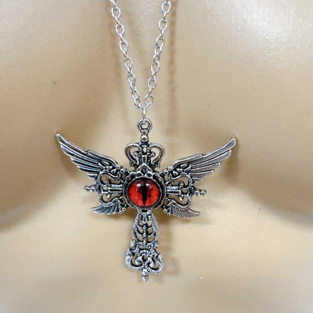 Vintage Red Devil Eye Winged Cross Necklace Gothic Punk Pendant Men Women